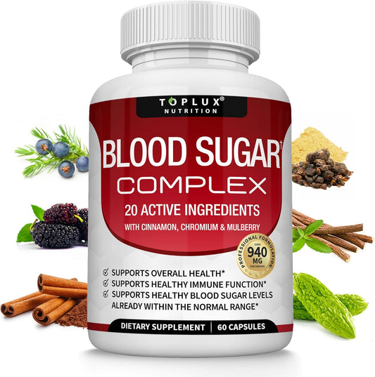 Pure Premium Blood Sugar Complex Supplement - Supports Healthy Blood Sugar Levels Already Within Normal Range Natural with Cinnamon, Bitter Melon, Chromium, Mulberry, Alpha Lipoic Acid, Non-GMO, 60 Capsules Multi-Vitamin