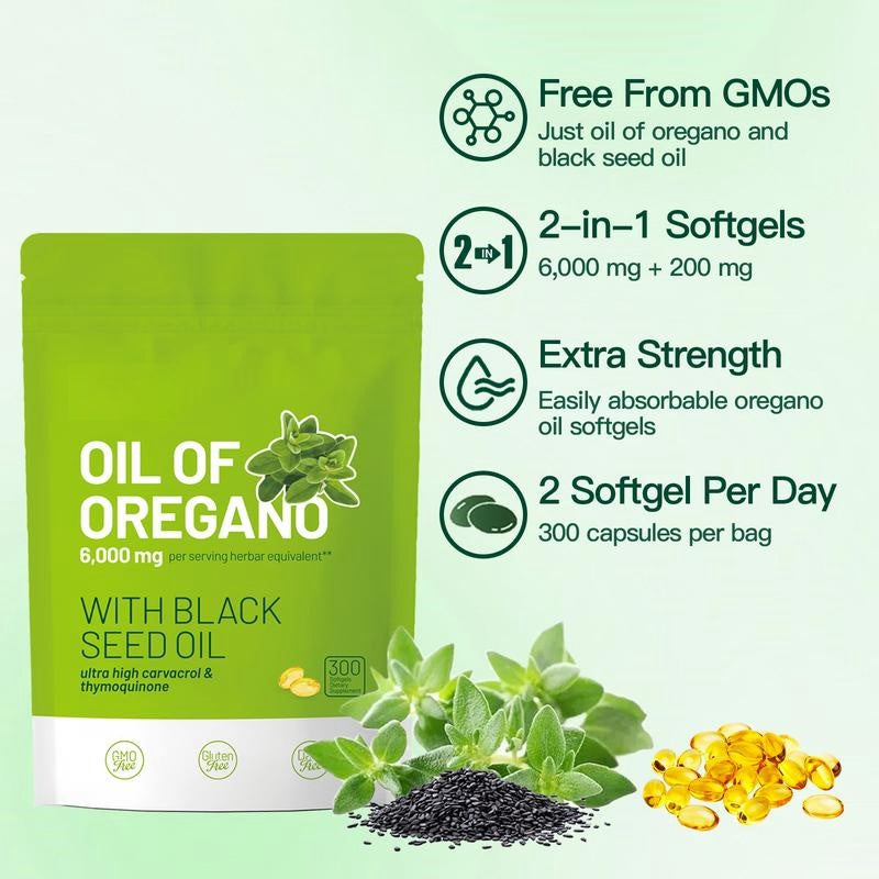 Oil of Oregano with Black Seed Oil 300 Capsules|Natural Antioxidants |Nutritional Support | Highly Effective Botanicals Dietary Healthcare Supplement |Fitness