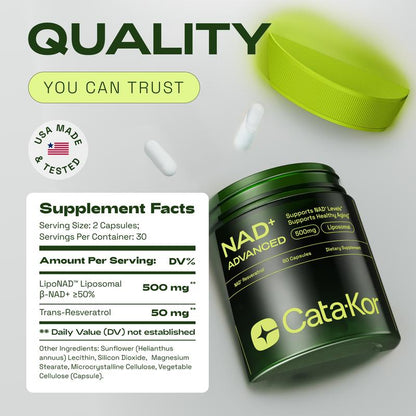 Cata-Kor NAD Advanced 500mg - NAD + Supplement for Skin Aging Support, Energy, and Focus - 60 Count - reviously known as Reus Research NR 900