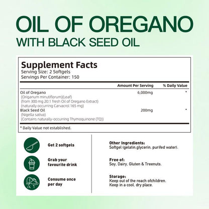 Oil of Oregano with Black Seed Oil 300 Capsules|Natural Antioxidants |Nutritional Support | Highly Effective Botanicals Dietary Healthcare Supplement |Fitness