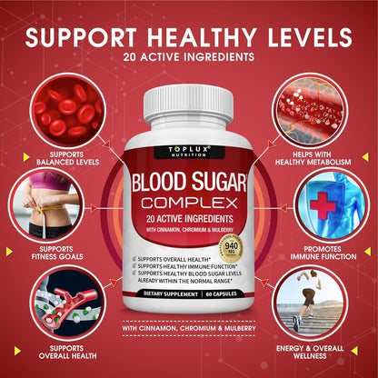 Pure Premium Blood Sugar Complex Supplement - Supports Healthy Blood Sugar Levels Already Within Normal Range Natural with Cinnamon, Bitter Melon, Chromium, Mulberry, Alpha Lipoic Acid, Non-GMO, 60 Capsules Multi-Vitamin