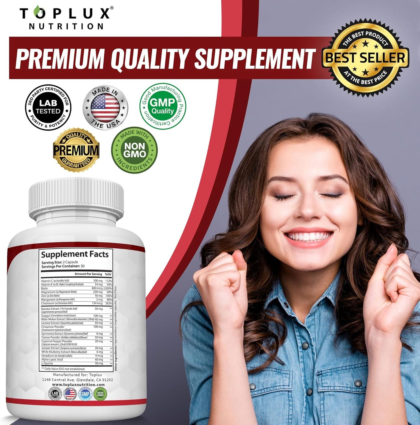 Pure Premium Blood Sugar Complex Supplement - Supports Healthy Blood Sugar Levels Already Within Normal Range Natural with Cinnamon, Bitter Melon, Chromium, Mulberry, Alpha Lipoic Acid, Non-GMO, 60 Capsules Multi-Vitamin