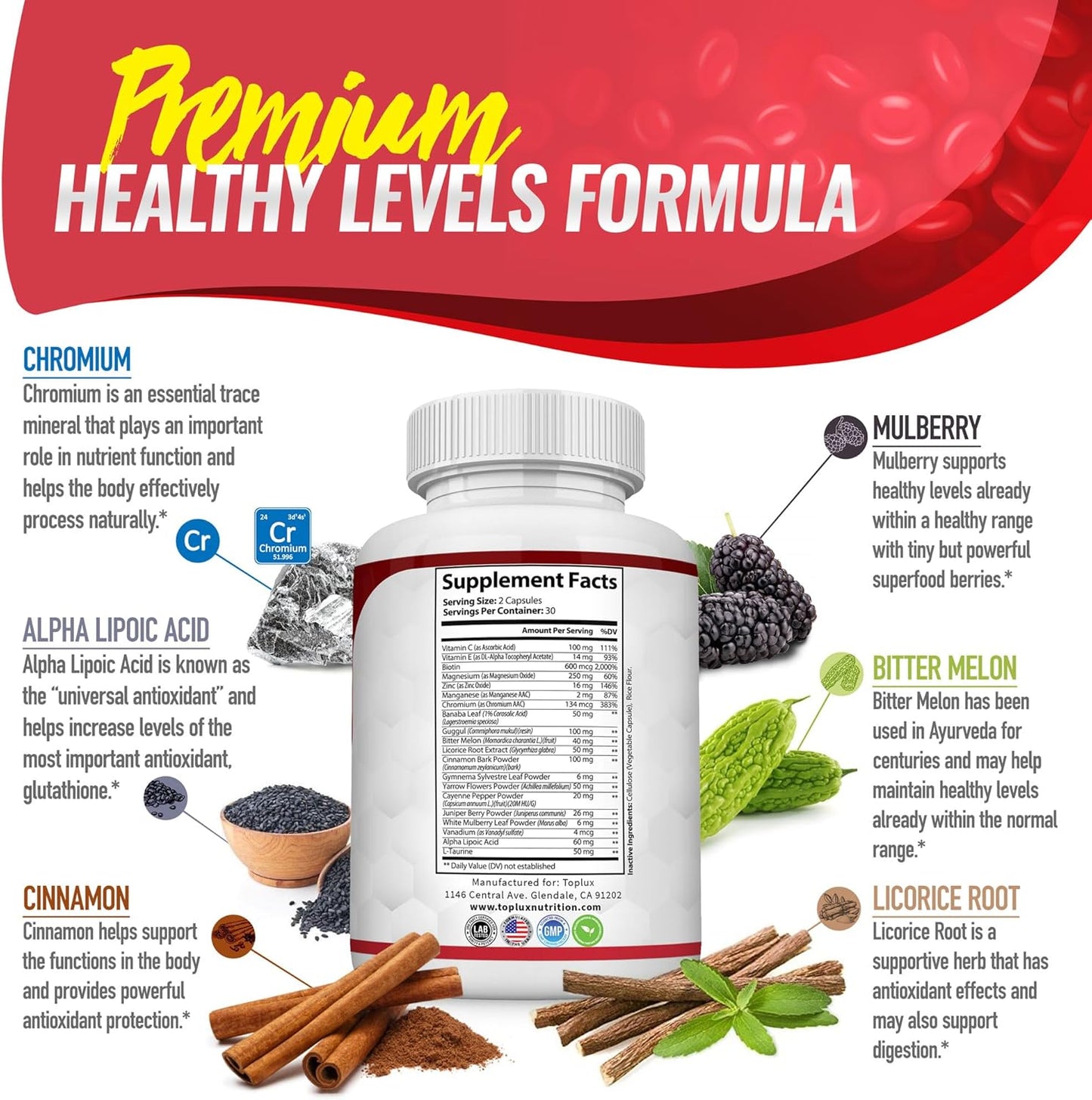 Pure Premium Blood Sugar Complex Supplement - Supports Healthy Blood Sugar Levels Already Within Normal Range Natural with Cinnamon, Bitter Melon, Chromium, Mulberry, Alpha Lipoic Acid, Non-GMO, 60 Capsules Multi-Vitamin
